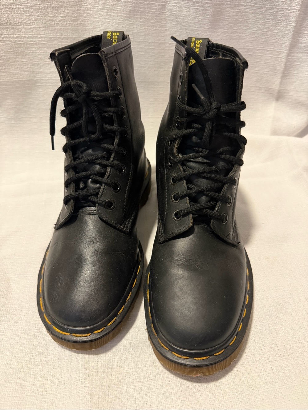 Dr. Martens Black Leather Lace-Up Combat Boots with Yellow Stitching sku182